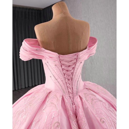 Off Shoulder Pink Quinceanera Dress 2024 Sweet 15 16 Dresses Ball Gown Beaded Sweetheart Party Gown