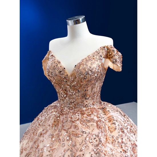 Off Shoulder Champagne Quinceanera Dresses Formal Party Gowns Sweetheart Sequined Lace Applique Ball Gown Prom