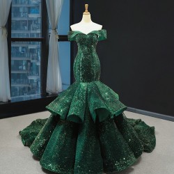 Off Shoulder Emerald Green Prom Dresses 2024 Vestido Sweetheart Neck Sequin Tiered Evening Party Gowns