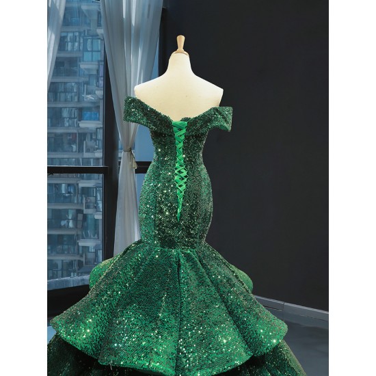 Off Shoulder Emerald Green Prom Dresses 2024 Vestido Sweetheart Neck Sequin Tiered Evening Party Gowns