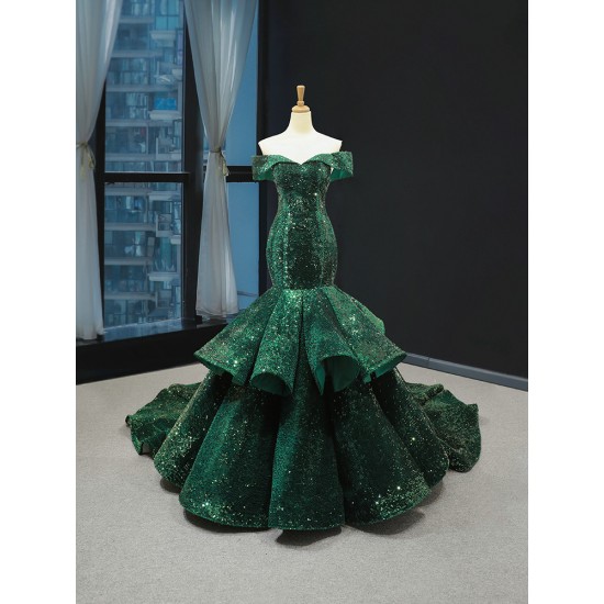 Off Shoulder Emerald Green Prom Dresses 2024 Vestido Sweetheart Neck Sequin Tiered Evening Party Gowns