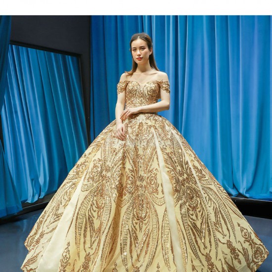 Off Shoulder Gold Quinceanera Dresses Shiny Sequin Sweet 16 Gown Sweetheart Neck Mexican Princess Vestido De 15 XV Anos