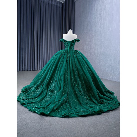 Off Shoulder Green Quinceanera Dress Ballgown 3D Florals Appliques 2024 Glitter Length Hem Cocktail Dresses