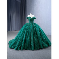 Off Shoulder Green Quinceanera Dress Ballgown 3D Florals Appliques 2024 Glitter Length Hem Cocktail Dresses