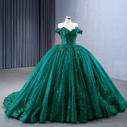 Off Shoulder Green Quinceanera Dress Ballgown 3D Florals Appliques 2024 Glitter Length Hem Cocktail Dresses