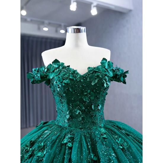 Off Shoulder Green Quinceanera Dress Ballgown 3D Florals Appliques 2024 Glitter Length Hem Cocktail Dresses