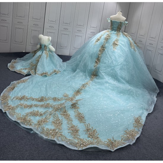 Off Shoulder Ice Blue Quinceanera Dresses for 15 Anos Appliques Sweetheart Robe Quinceanera Customised