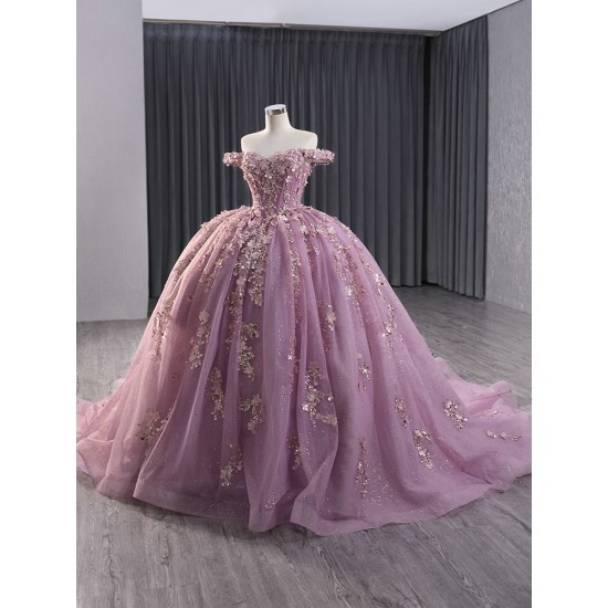 Off Shoulder Mauve Quinceanera Dress Lace Up Women Vestidos De 15 Anos 3D Flowers Birthday Party Dress