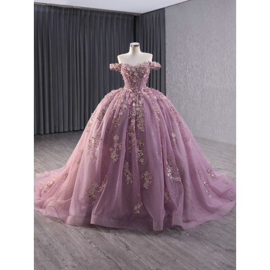 Off Shoulder Mauve Quinceanera Dress Lace Up Women Vestidos De 15 Anos 3D Flowers Birthday Party Dress