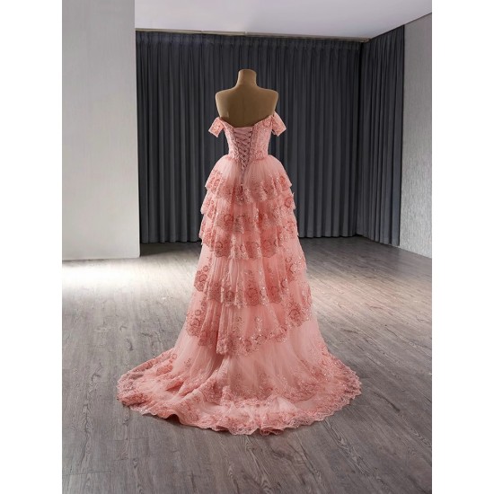 Off Shoulder Peach Color Prom Dresses Black Girls Tiered Evening Party Gowns Sweetheart Neck Mermaid Evening Dresses