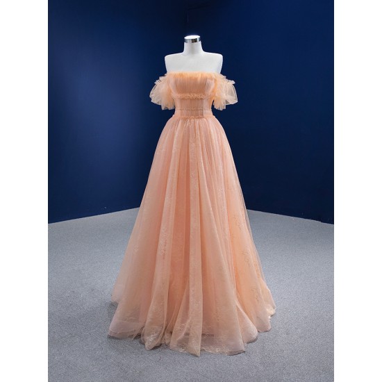 Off Shoulder Peach Evening Dresses A Line Strapless Cutsom Made Evening Gowns