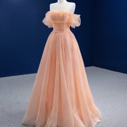 Off Shoulder Peach Evening Dresses A Line Strapless Cutsom Made Evening Gowns