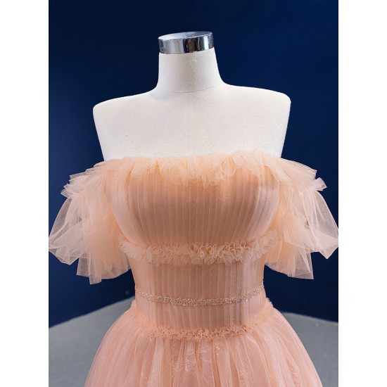 Off Shoulder Peach Evening Dresses A Line Strapless Cutsom Made Evening Gowns