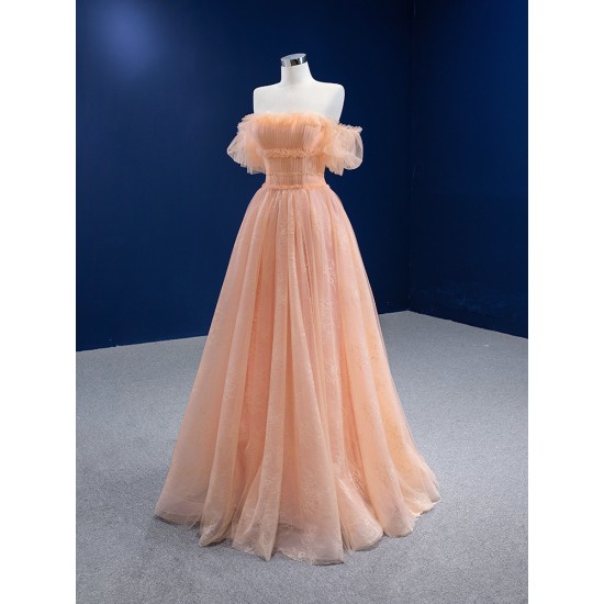 Off Shoulder Peach Evening Dresses A Line Strapless Cutsom Made Evening Gowns