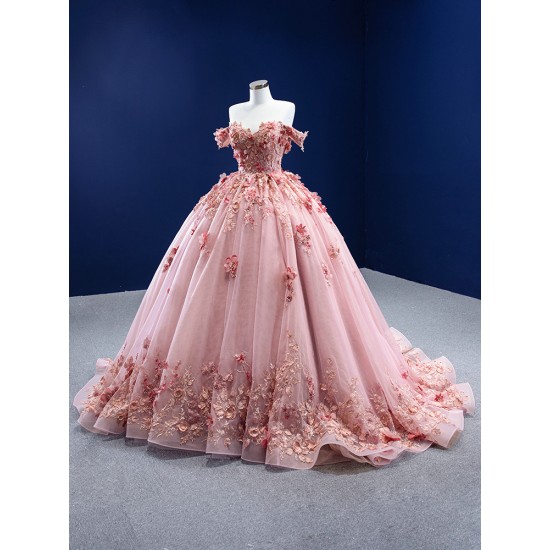 Off Shoulder Pink Prom Dresses 3D Flowers Ball Gown Quinceanera Lace Formal Evening Gowns with Pockets 2024