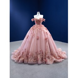 Off Shoulder Pink Prom Dresses 3D Flowers Ball Gown Quinceanera Lace Formal Evening Gowns with Pockets 2024