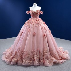 Off Shoulder Pink Prom Dresses 3D Flowers Ball Gown Quinceanera Lace Formal Evening Gowns with Pockets 2024