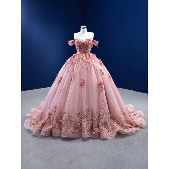 Off Shoulder Pink Prom Dresses 3D Flowers Ball Gown Quinceanera Lace Formal Evening Gowns with Pockets 2024