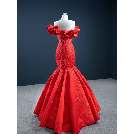 Off Shoulder Red Mermaid Prom Dresses Lace Appliques Formal Party Evening Dress