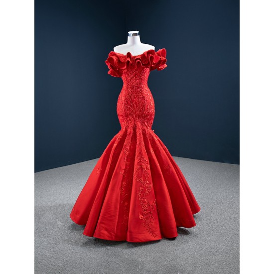 Off Shoulder Red Mermaid Prom Dresses Lace Appliques Formal Party Evening Dress