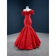 Off Shoulder Red Mermaid Prom Dresses Lace Appliques Formal Party Evening Dress