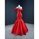 Off Shoulder Red Mermaid Prom Dresses Lace Appliques Formal Party Evening Dress