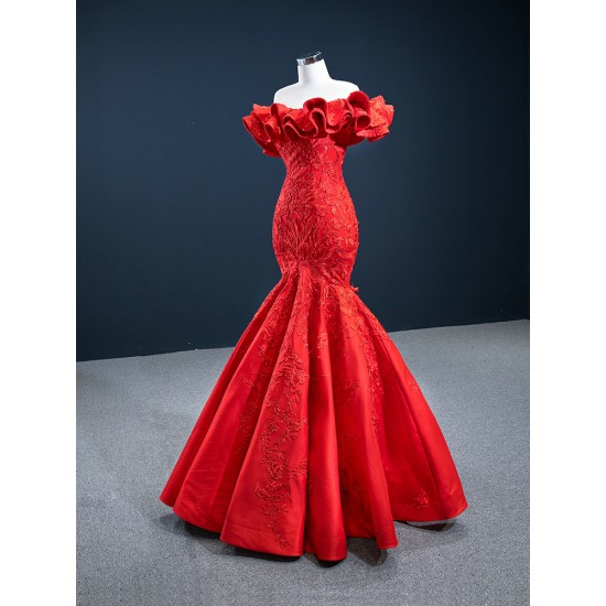 Off Shoulder Red Mermaid Prom Dresses Lace Appliques Formal Party Evening Dress