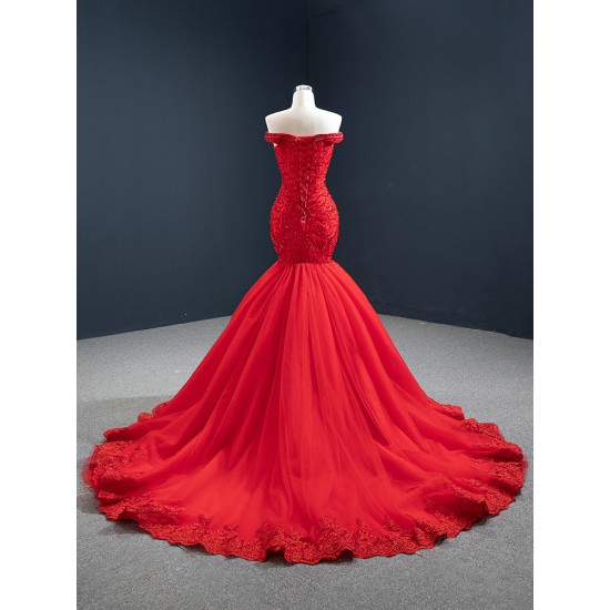 Off Shoulder Red Prom Dresses Lace Appliques Off Shoulder Long Formal Evening Dress Customized