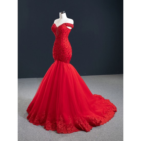 Off Shoulder Red Prom Dresses Lace Appliques Off Shoulder Long Formal Evening Dress Customized