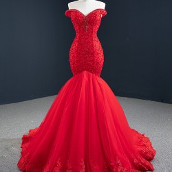 Off Shoulder Red Prom Dresses Lace Appliques Off Shoulder Long Formal Evening Dress Customized