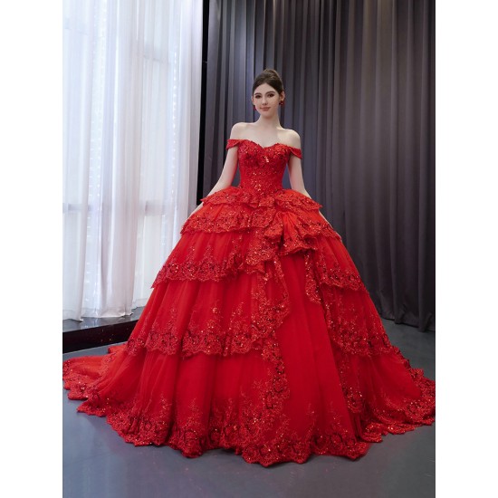 Off Shoulder Red Quinceanera Dress 2024 Corset Lace Appliques Evening Dress Sweetheart Neck Vestidos De Noche