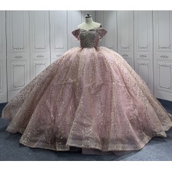 Off Shoulder Rose Gold Quinceanera Dresses Strapless Sequin Lace Up Vestidos De Baile Custom Made