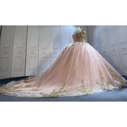 Off Shoulder Rose Gold Quinceanera Dresses for Girls Appliques Floor Length Tulle Vestido De 15 Anos Customised