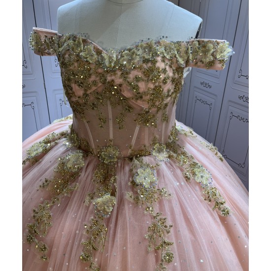 Off Shoulder Rose Gold Quinceanera Dresses for Girls Appliques Floor Length Tulle Vestido De 15 Anos Customised