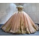 Off Shoulder Rose Gold Quinceanera Dresses for Girls Appliques Floor Length Tulle Vestido De 15 Anos Customised