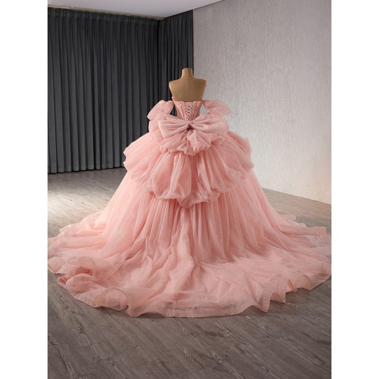 Off Shoulder Sweet 15 Pink Quinceanera Dress 2024 Corset Sparkle Tulle Strapless Prom Dresses