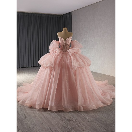 Off Shoulder Sweet 15 Pink Quinceanera Dress 2024 Corset Sparkle Tulle Strapless Prom Dresses