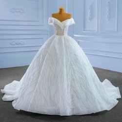 Off Shoulder Wedding Dress Sexy V Neck Sequin Backless Sweep Train Wedding Gown