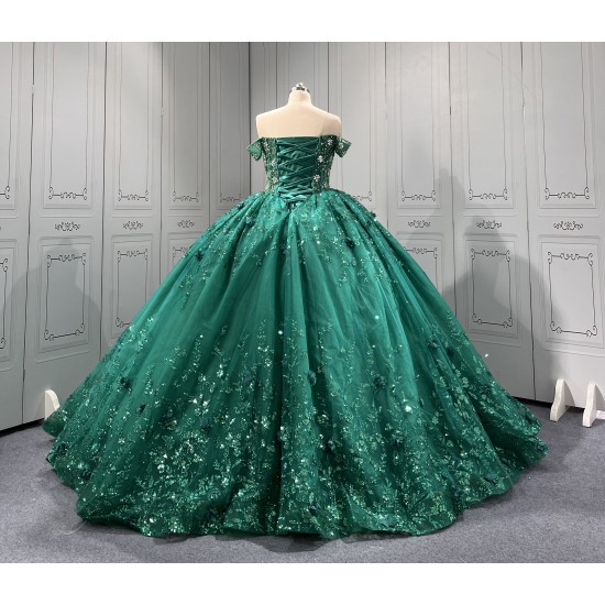 Off The Shoulder Green Quinceanera Dresses Ball Gown Tulle Appliques Tiered Vestidos De XV Anos