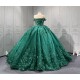 Off The Shoulder Green Quinceanera Dresses Ball Gown Tulle Appliques Tiered Vestidos De XV Anos