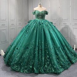 Off The Shoulder Green Quinceanera Dresses Ball Gown Tulle Appliques Tiered Vestidos De XV Anos