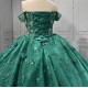 Off The Shoulder Green Quinceanera Dresses Ball Gown Tulle Appliques Tiered Vestidos De XV Anos