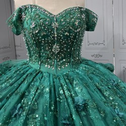 Off The Shoulder Green Quinceanera Dresses Ball Gown Tulle Appliques Tiered Vestidos De XV Anos