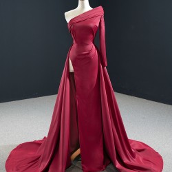 One Shoulder Burgundy Prom Party Dresses For Women Satin Long Formal Special Occasion Evening Dress