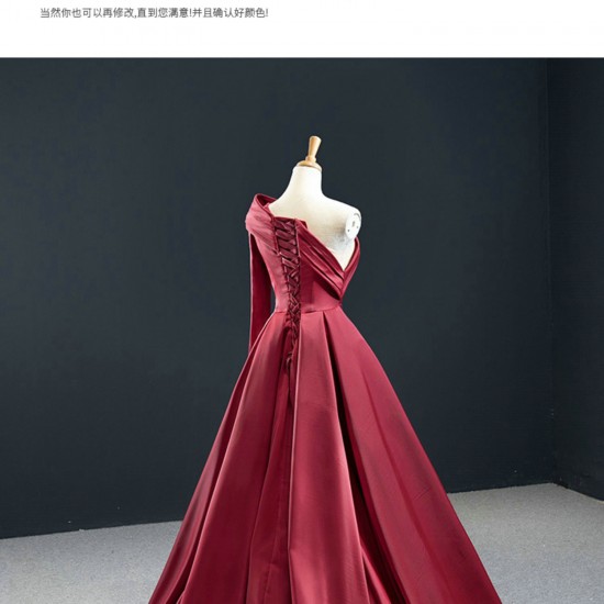 One Shoulder Burgundy Prom Party Dresses For Women Satin Long Formal Special Occasion Evening Dress