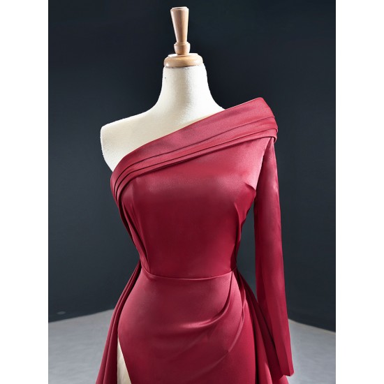 One Shoulder Burgundy Prom Party Dresses For Women Satin Long Formal Special Occasion Evening Dress