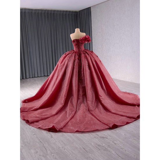 One Shoulder Quinceanera Dresses With 3D Flowers Pearls Birthday Sweet 16 Party Red Vestidos De 15 XV Anos