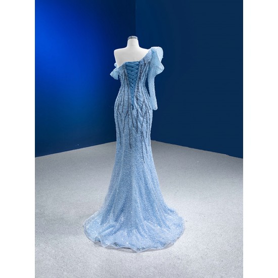 One Shoulder Sky Blue Prom Dresses For Women Sequin Formal Evening Gowns Special Party Dress