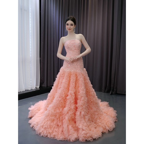 Peach Color Long Prom Dresses For Black Girls 2024 Strapless Ruffled Evening Party Gowns Women