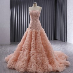 Peach Color Long Prom Dresses For Black Girls 2024 Strapless Ruffled Evening Party Gowns Women